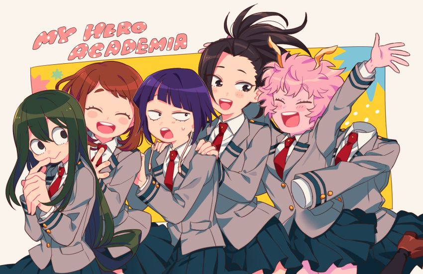6+girls, :>, :d, ashido_mina, asui_tsuyu, audio_jack, bangs, black_hair