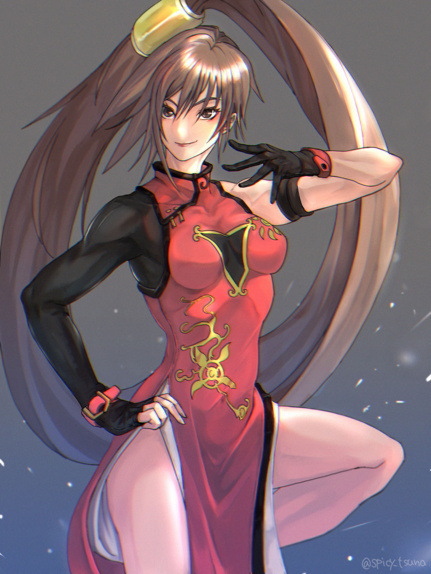 1girl, artist_name, bangs, bare_shoulders, breasts, brown_eyes, brown_hair, china_dress