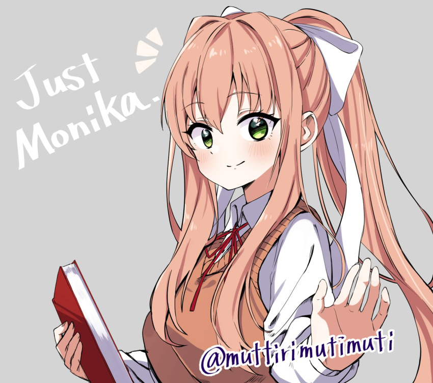 1girl, artist_name, bangs, blazer, blush, book, bow, breasts