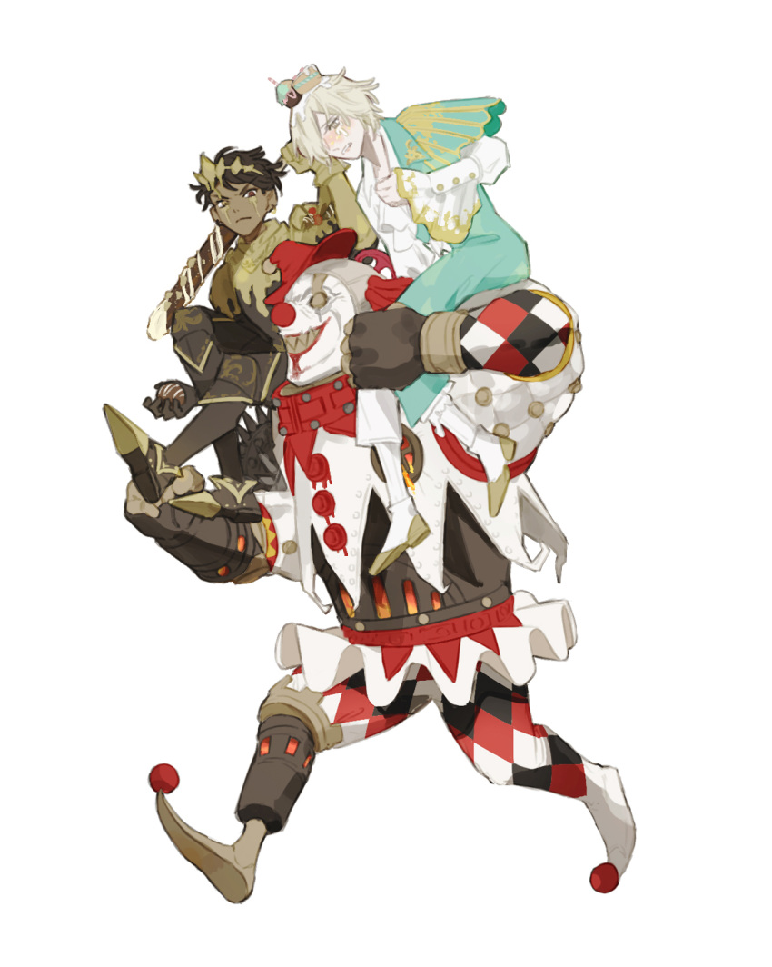 3boys, black_footwear, black_hair, blush, brown_eyes, character_request, clenched_hand, clown_nose