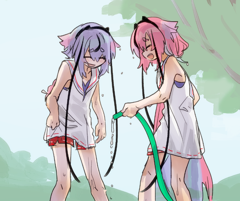 2others, blue_hair, braid, closed_eyes, collared_shirt, commentary, dripping, feet_out_of_frame
