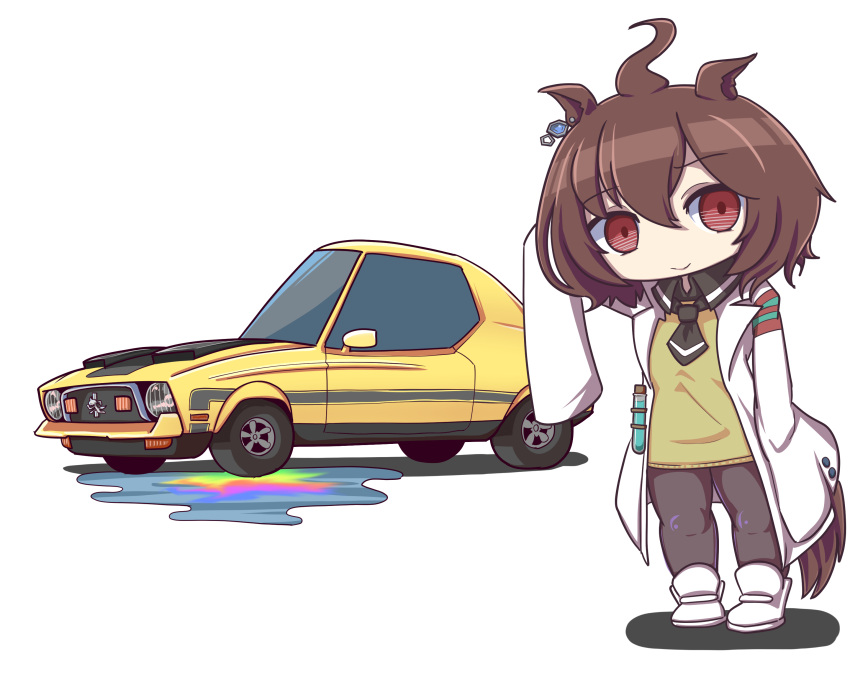 absurdres, agnes_tachyon_(umamusume), ahoge, black_neckwear, brown_hair, car, chemical_structure, chibi