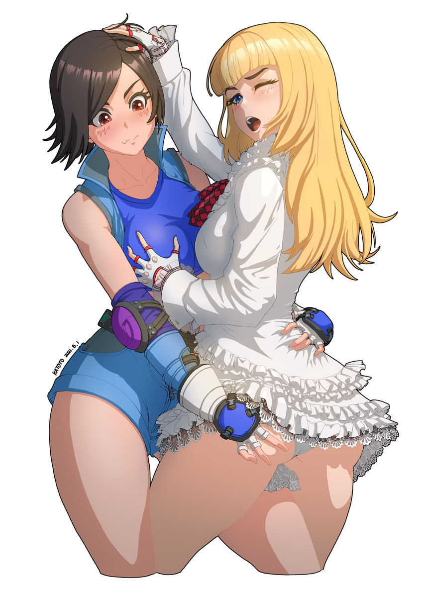 2girls, arm_around_waist, ass, ass_grab, blonde_hair, blue_eyes, breast_grab, brown_eyes