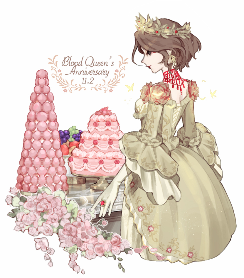 1girl, anniversary, brown_hair, cake, character_name, dated, dress, earrings