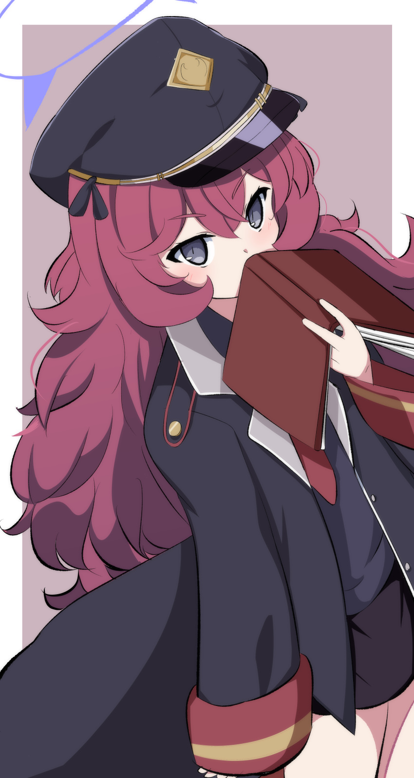 1girl, absurdres, blue_archive, blush, book, book_to_mouth, commentary_request, grey_eyes