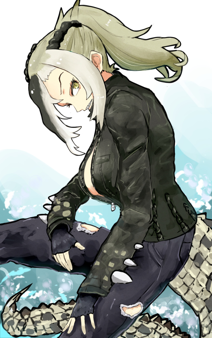 1girl, adeshi_(adeshi0693119), arm_rest, asymmetrical_hair, black_gloves, black_pants, braid, breasts