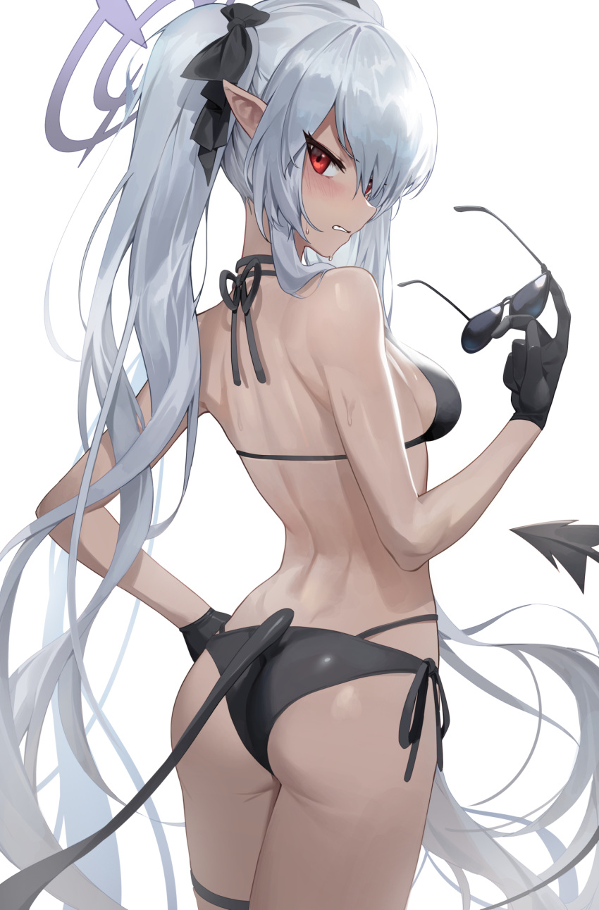 1girl, ass, back, bare_back, bare_shoulders, bikini, black_bikini, black_gloves