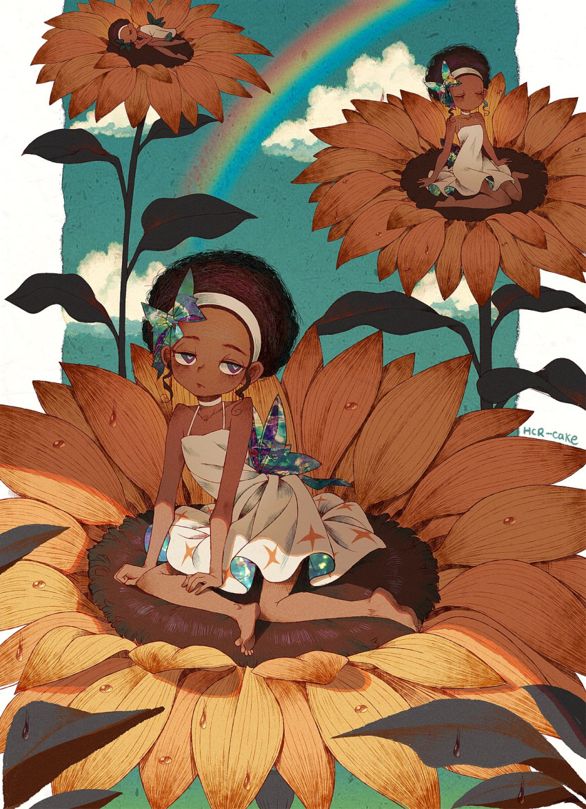 a_hat_in_time, artist_name, brown_hair, closed_eyes, couple, crown, dress, flower