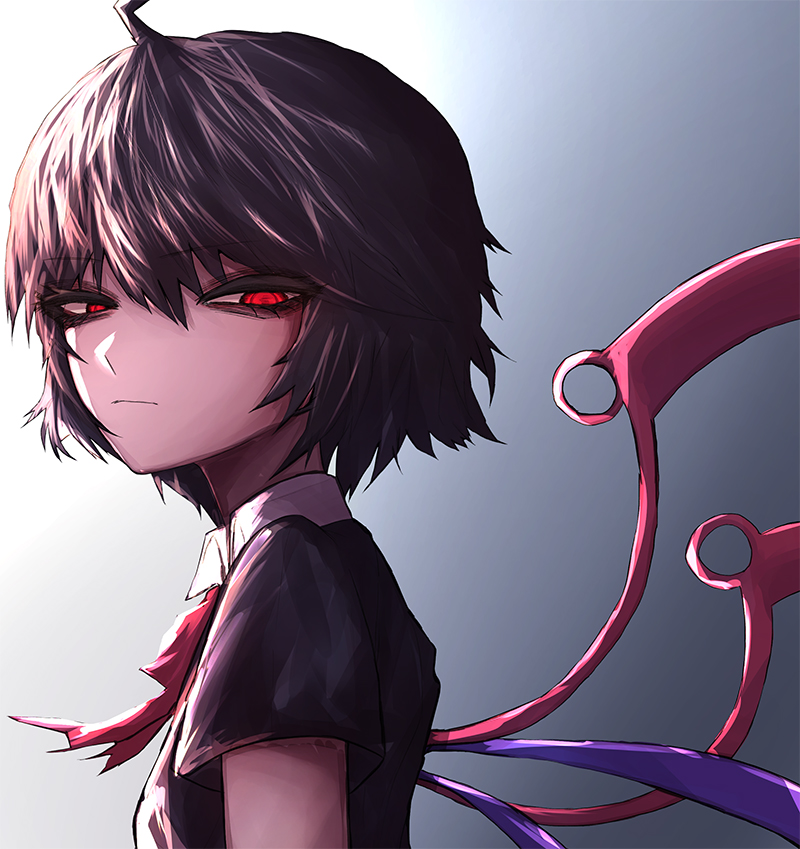 1girl, 33_gaff, ahoge, asymmetrical_wings, bangs, black_dress, black_hair, breasts