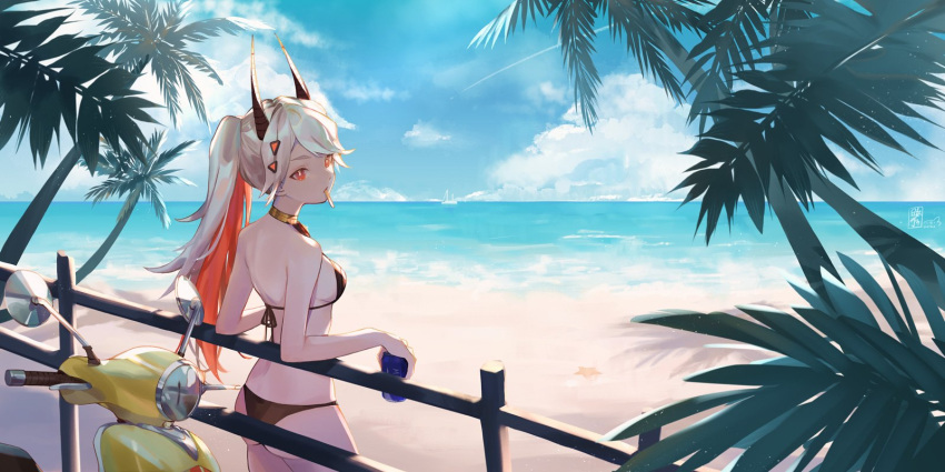 1girl, beach, bikini, black_bikini, boat, breasts, colored_inner_hair, english_commentary