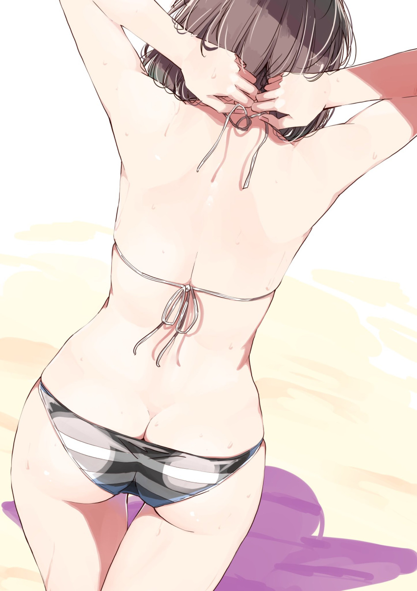 1girl, adjusting_clothes, adjusting_swimsuit, ass, back, bare_arms, bare_back, bare_shoulders, beach, bikini, brown_hair, butt_crack, commentary_request, from_behind, highres, nyoijizai, original, shadow, shoulder_blades, simple_background, solo, standing, striped, striped_bikini, swimsuit, thigh_gap, thighs, tying