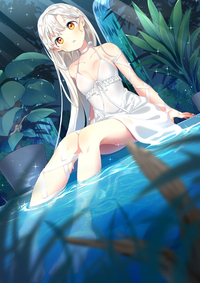 1girl, absurdres, bare_shoulders, blurry, blurry_foreground, choker, collarbone, commentary_request
