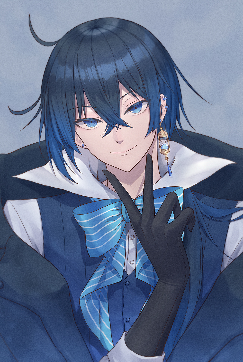 1boy, black_gloves, black_hair, black_jacket, blue_bow, blue_eyes, blue_hair, blue_vest