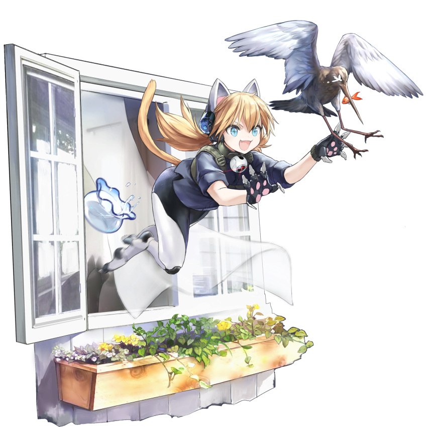 1girl, :d, animal_ears, autodefenestration, bird, blonde_hair, blue_eyes, blue_shirt