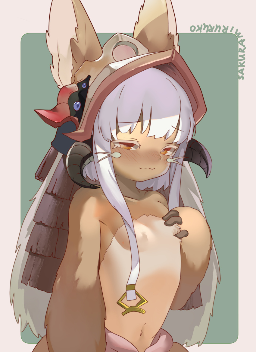 1girl, animal_ear_fluff, animal_ears, blush, body_fur, brown_eyes, brown_headwear, furry