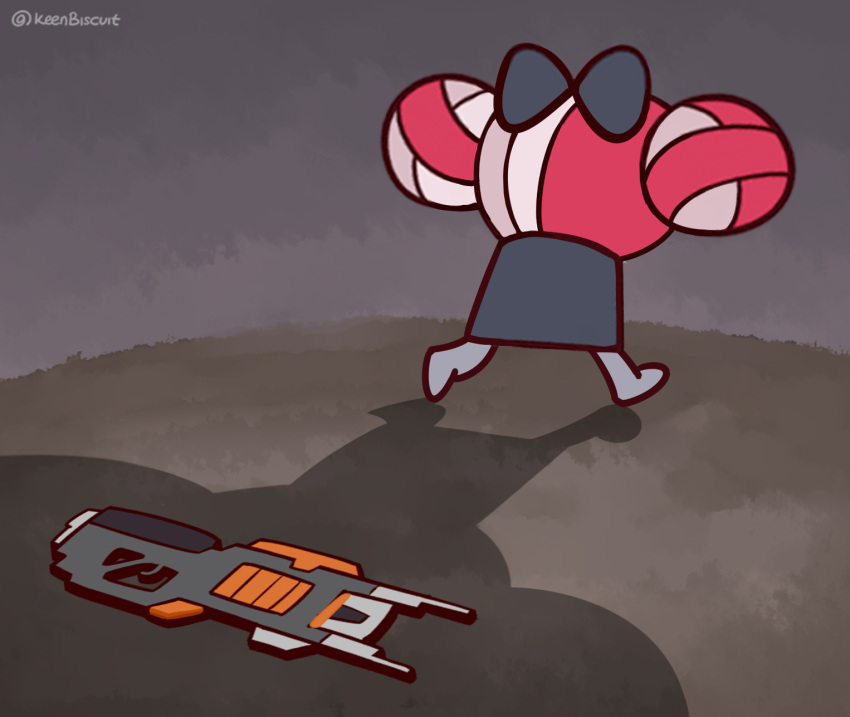 1girl, apex_legends, black_bow, bow, charge_rifle, chibi, double_bun, energy_gun