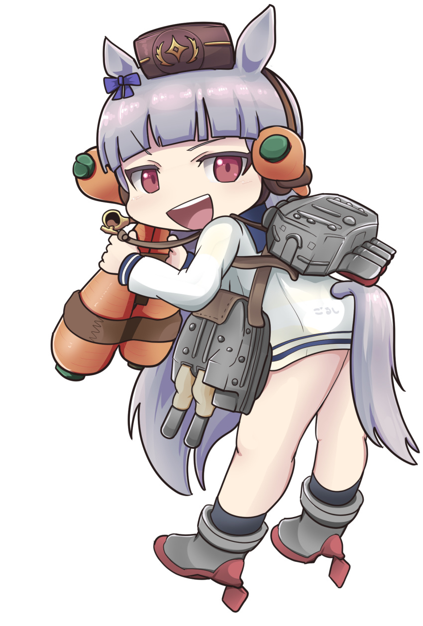 1girl, animal_ears, ankle_socks, bangs, black_skirt, blunt_bangs, bow, cannon