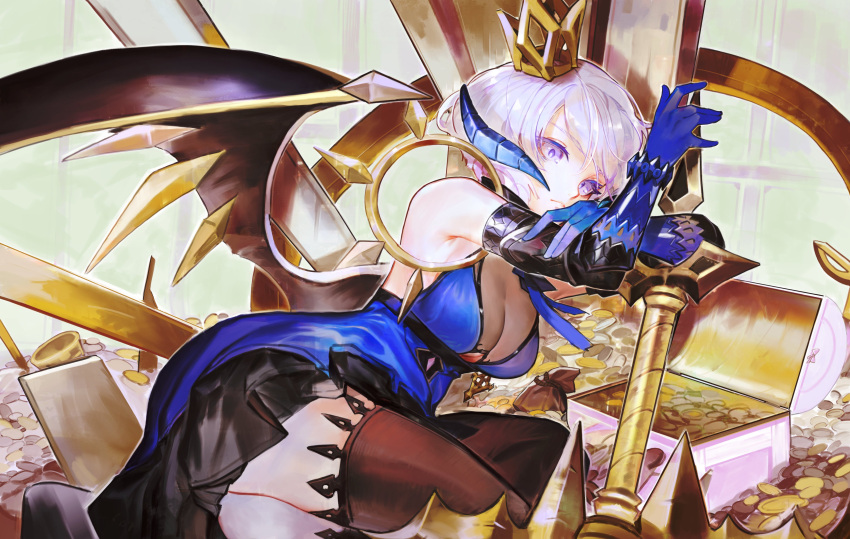 absurdres, bangs, black_legwear, blue_dress, blue_gloves, box, breasts, coin