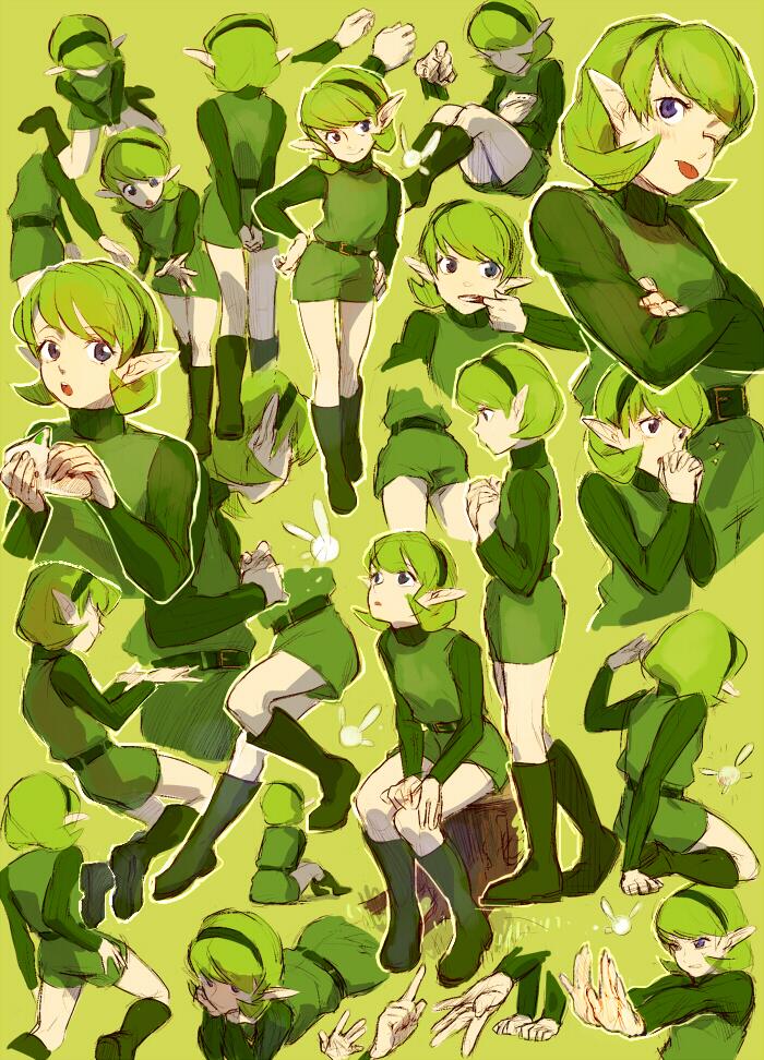 1girl, belt, blue_eyes, closed_mouth, domodesu, fairy, green_footwear, green_hair, green_hairband, hairband, instrument, ocarina, open_mouth, pointy_ears, saria_(the_legend_of_zelda), short_hair, simple_background, skirt, smile, solo, the_legend_of_zelda, the_legend_of_zelda:_ocarina_of_time, turtleneck