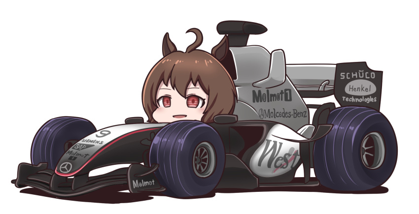 1girl, agnes_tachyon_(umamusume), ahoge, animal_ears, brown_hair, commentary, formula_one, highres