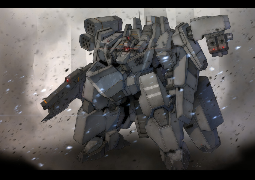 absurdres, dust, gun, highres, holding, holding_gun, holding_weapon, mecha