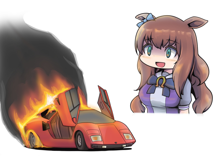 1girl, animal_ears, blue_bow, bow, bowtie, car, commentary, ear_bow, ears_down, eyebrows_visible_through_hair, fire, green_eyes, ground_vehicle, hair_between_eyes, highres, horse_ears, horse_girl, horseshoe_ornament, lamborghini, lamborghini_countach, long_hair, maruzensky_(umamusume), motor_vehicle, puffy_short_sleeves, puffy_sleeves, purple_bow, purple_neckwear, purple_shirt, sailor_collar, sailor_shirt, sakusan, school_uniform, scissor_doors, shaded_face, shirt, short_sleeves, solo, sports_car, supercar, tracen_school_uniform, umamusume, upper_body, wavy_hair