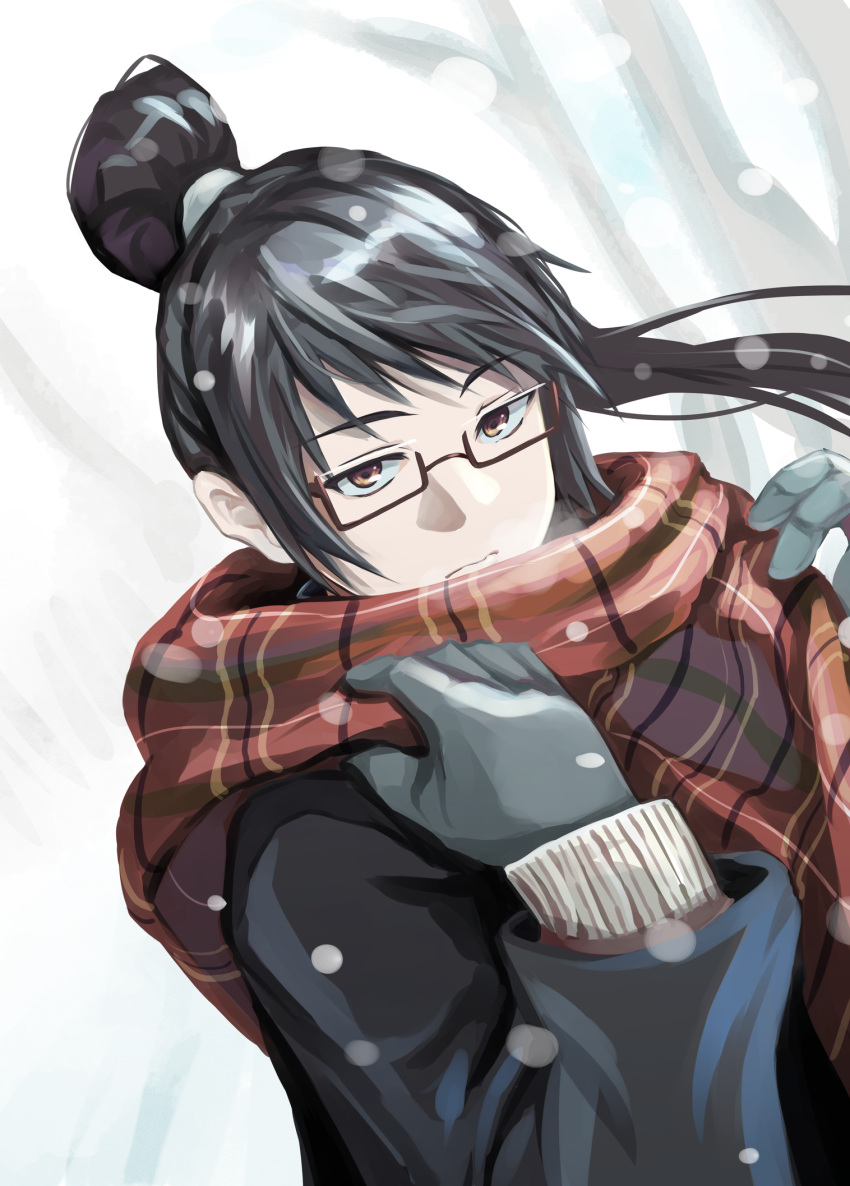 1girl, bangs, black_hair, glasses, gloves, green_hair, highres, holding