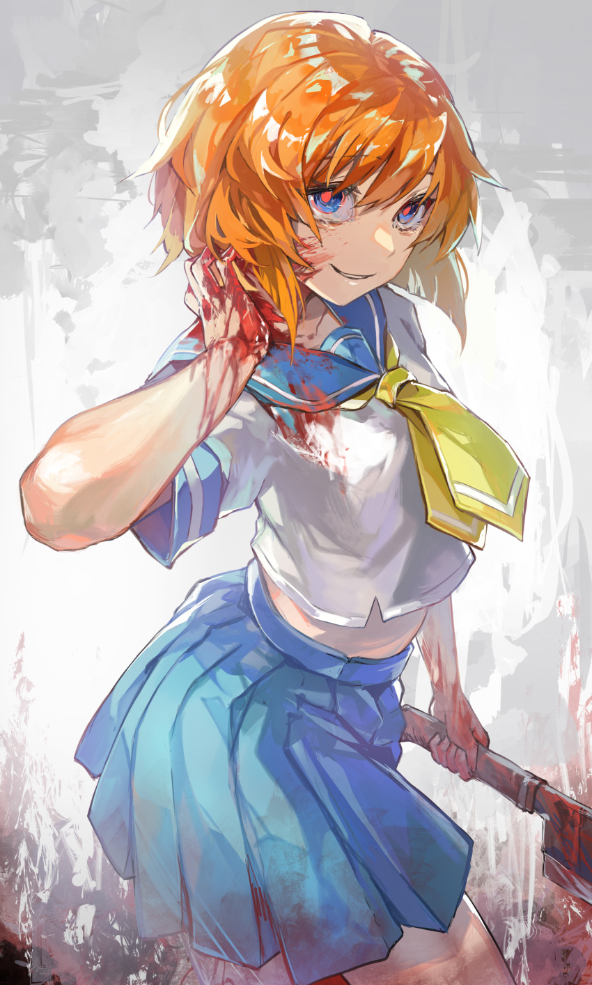 1girl, absurdres, blood, bloody_clothes, bloody_hands, blue_eyes, blue_sailor_collar, blue_skirt