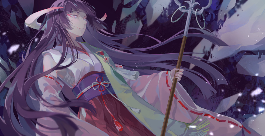 1girl, blue_sash, blurry, closed_mouth, commentary, detached_sleeves, dutch_angle, eyeshadow