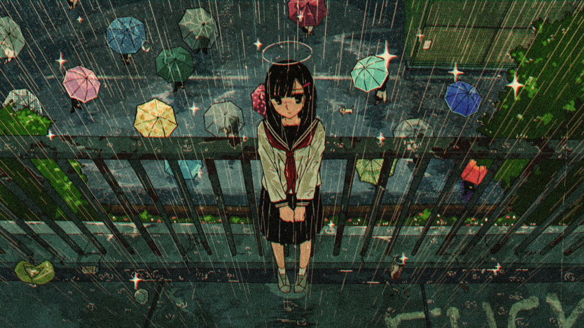 1girl, against_railing, aqua_umbrella, awakumo, bangs, black_hair, black_sailor_collar, black_skirt, blue_umbrella, blunt_bangs, cat, closed_mouth, commentary_request, english_text, film_grain, flower_bed, from_above, green_umbrella, grey_footwear, hair_ornament, hairclip, halo, highres, holding, holding_umbrella, long_sleeves, looking_at_viewer, medium_hair, neckerchief, original, outdoors, people, pink_umbrella, pleated_skirt, profanity, puddle, railing, rain, red_neckwear, red_umbrella, ripples, road, sailor_collar, school_uniform, serafuku, shirt, skirt, socks, sparkle, standing, street, transparent, transparent_umbrella, tree, umbrella, white_legwear, white_serafuku, white_shirt, wide_shot, yellow_umbrella
