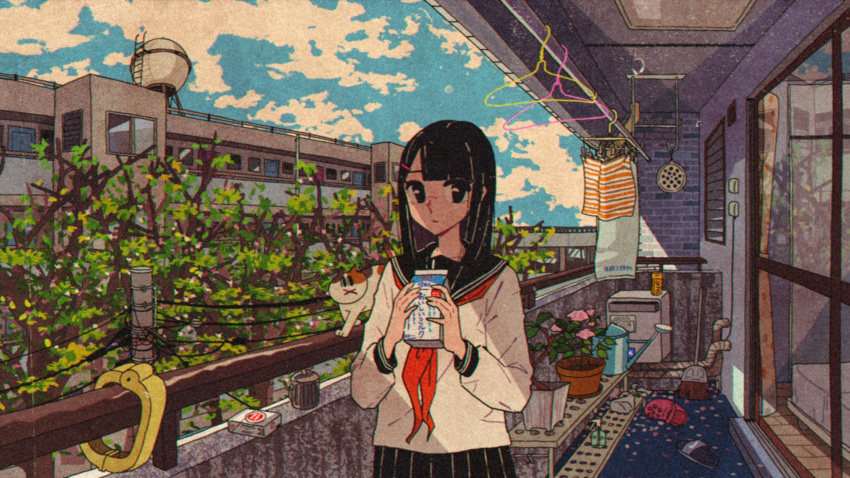1girl, apartment, awakumo, balcony, bangs, black_eyes, black_hair, black_sailor_collar