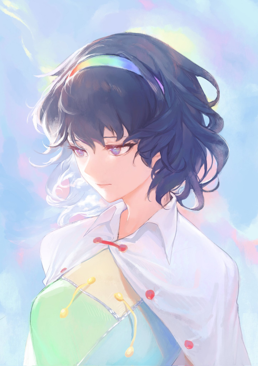 1girl, bangs, blue_eyes, blue_hair, cape, closed_mouth, foam_(awa), highres, multicolored, multicolored_clothes, multicolored_hairband, patchwork_clothes, rainbow, short_hair, solo, tenkyuu_chimata, touhou, upper_body, white_cape