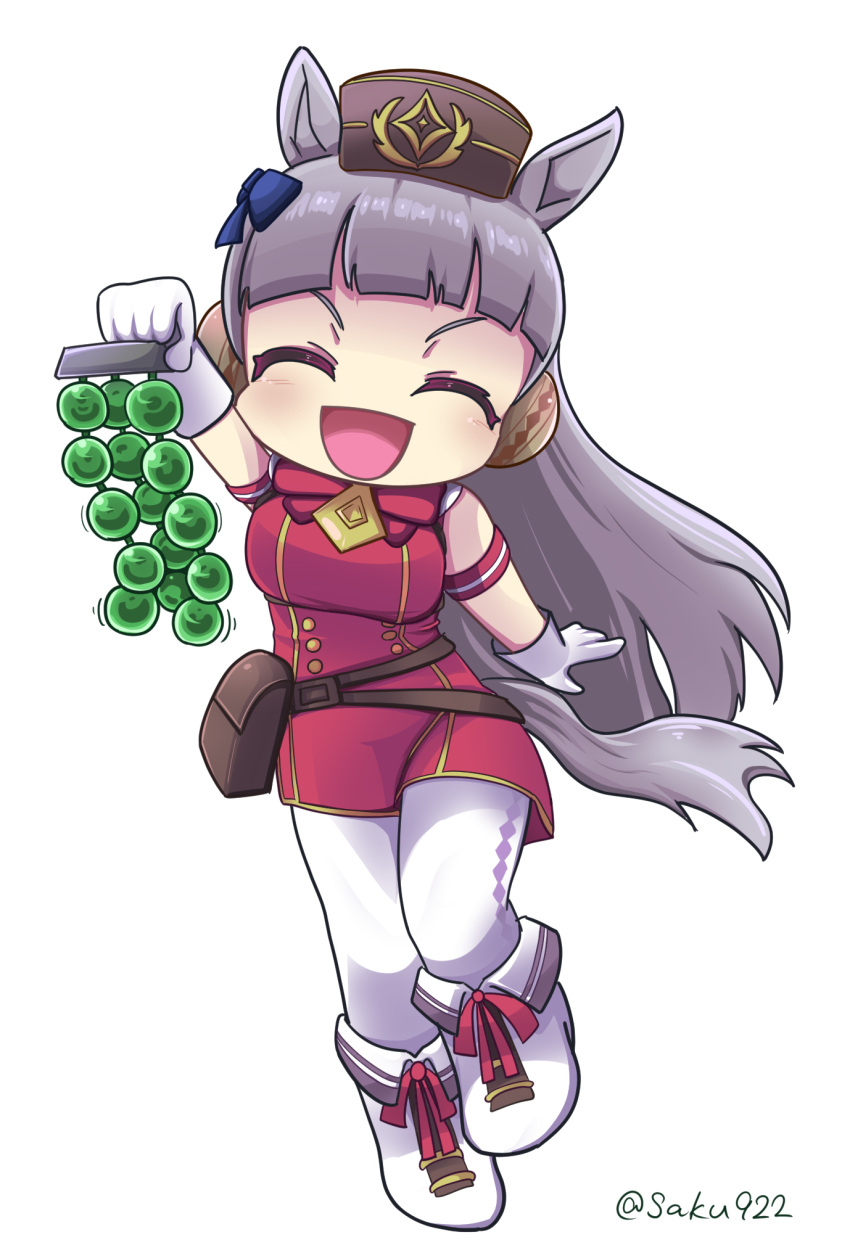 1girl, animal_ears, bangs, blunt_bangs, boots, bow, bowtie, chibi, closed_eyes, commentary, gloves, gold_ship_(umamusume), gold_trim, grey_hair, highres, holding, horse_ears, horse_girl, horse_tail, long_hair, motion_lines, pantyhose, pillbox_hat, red_bow, red_neckwear, sakusan, signature, smile, solo, tail, the_rock_(movie), umamusume, white_footwear, white_gloves, white_legwear