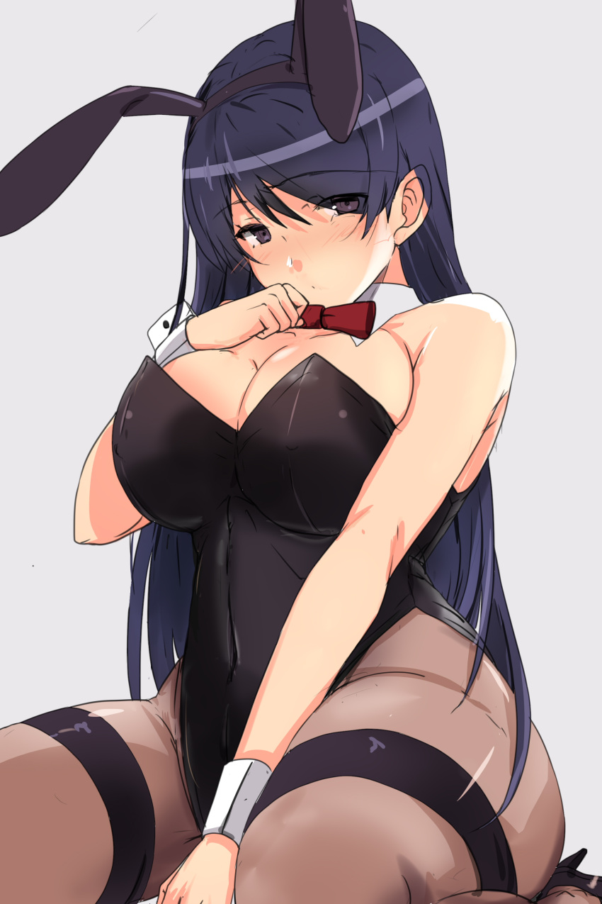 1girl, absurdres, animal_ears, black_eyes, black_hair, black_leotard, bow, bowtie