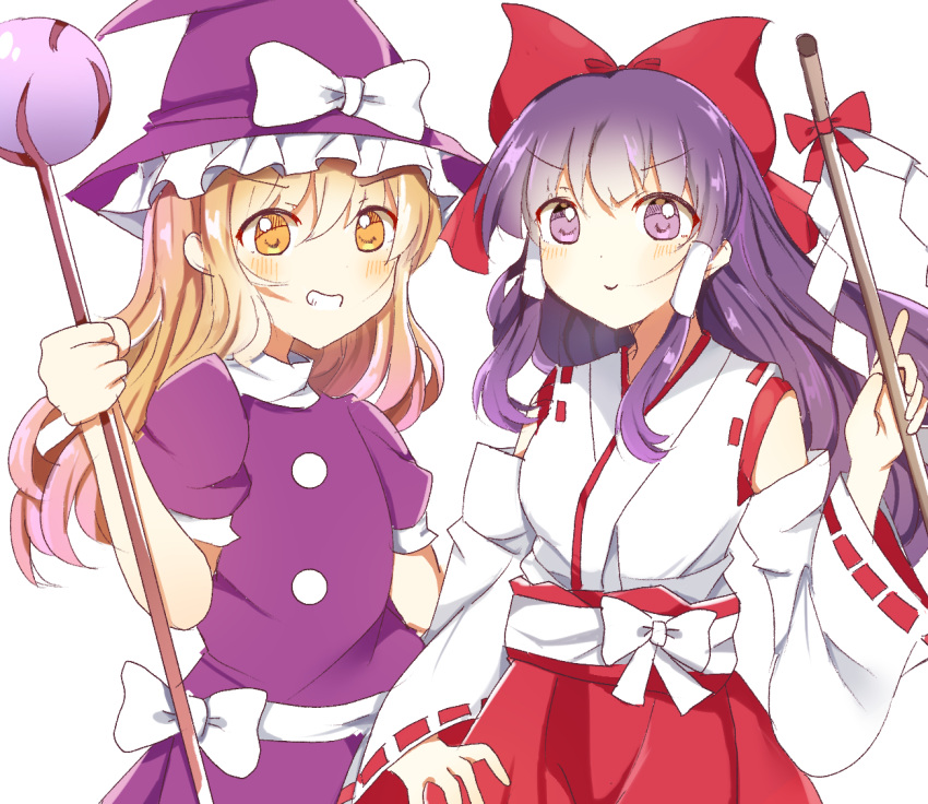 2girls, bangs, belt, blonde_hair, blush, bow, buttons, closed_mouth