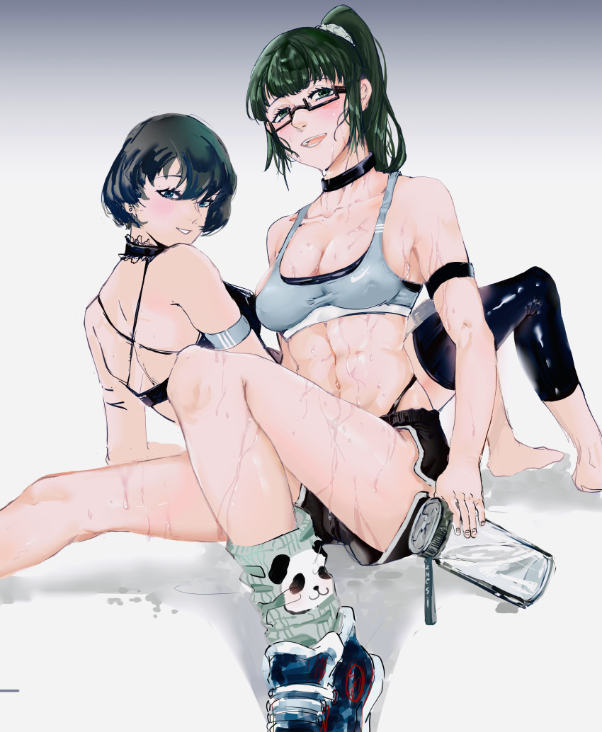 2323993809, 2girls, abs, absurdres, bangs, black_hair, brown_hair, glasses