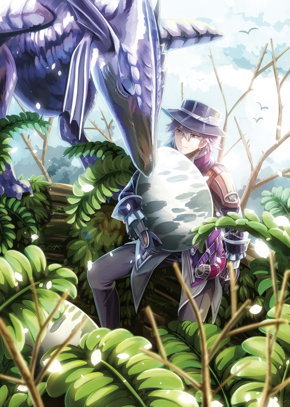 1boy, 1other, closed_eyes, dinosaur, egg, falcom, hat, highres