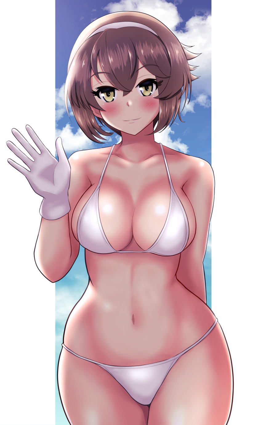 1girl, alternate_costume, bikini, breasts, brown_hair, collarbone, cowboy_shot, flipped_hair, gloves, hairband, haoto_(arnica_leaf), highres, kantai_collection, large_breasts, mutsu_(kancolle), navel, short_hair, solo, standing, swimsuit, white_bikini, white_gloves, white_hairband, yellow_eyes