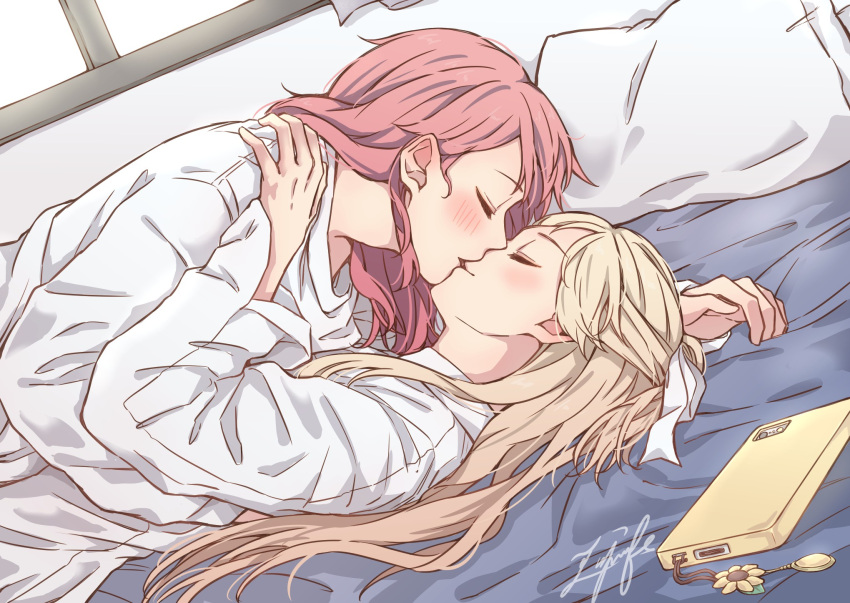 2girls, aiiro_bokujuu, bang_dream!, blonde_hair, cellphone, closed_eyes, dutch_angle, girl_on_top