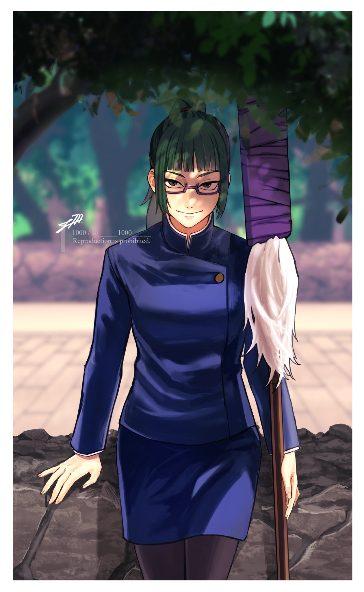 1000_(user_1527793), 1girl, bangs, black_jacket, glasses, green_hair, highres, holding
