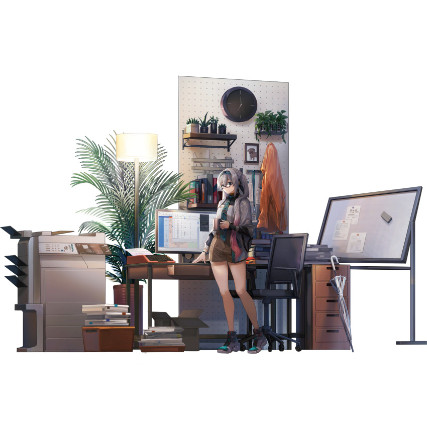 1girl, book, breasts, brown_shorts, chair, clock, computer, copy_machine