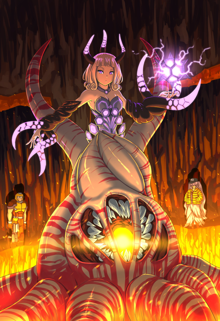 1boy, 2girls, armor, baseball_cap, breasts, character_request, choker, eldritch_abomination