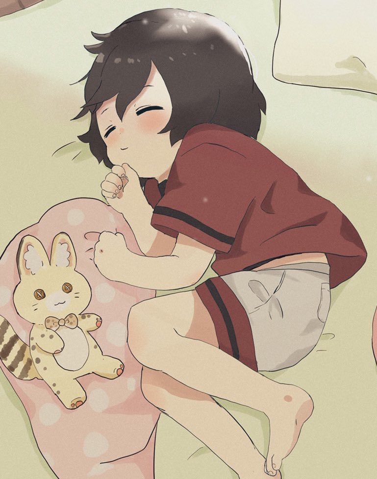 1girl, aged_down, barefoot, beige_shorts, black_hair, blush, character_doll, child