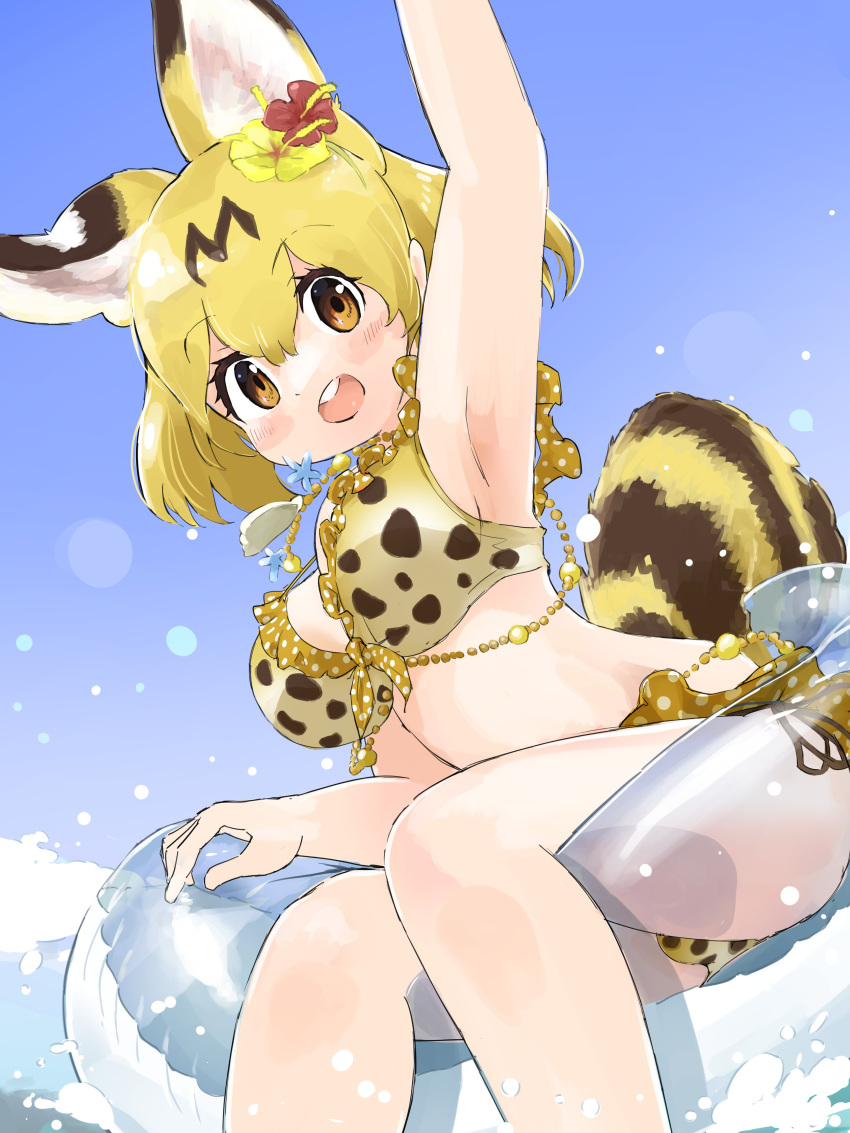 absurdres, alternate_costume, animal_ears, bikini, blonde_hair, blush, cat_ears, cat_girl, cat_tail, extra_ears, eyebrows_visible_through_hair, flower, frilled_bikini, frills, hair_flower, hair_ornament, highres, innertube, iwa_(iwafish), kemono_friends, open_mouth, print_bikini, serval_(kemono_friends), serval_print, shell_necklace, short_hair, splashing, swimsuit, tail, water, yellow_eyes