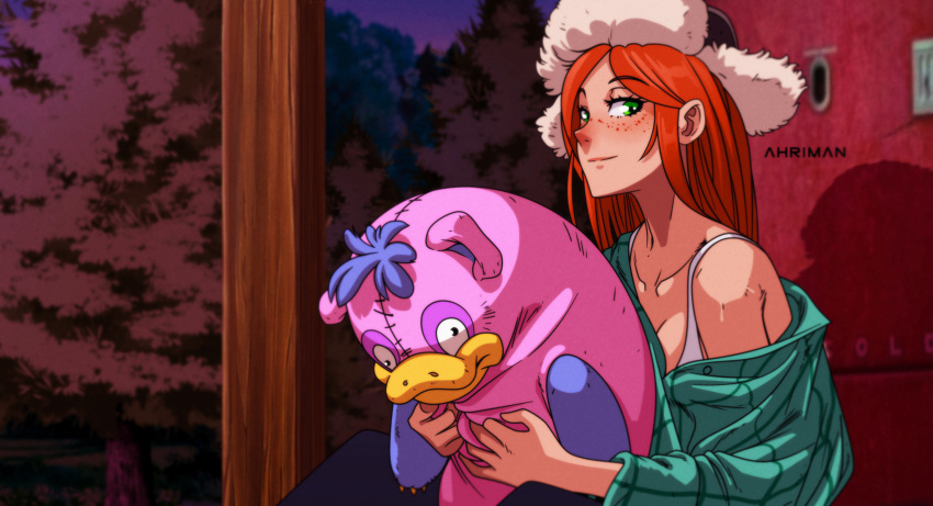 1girl, bare_shoulders, bra, dmitry_grozov, freckles, fur_hat, gravity_falls, green_eyes