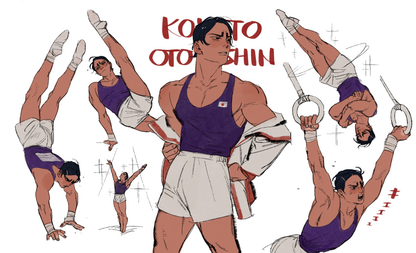 1boy, arms_up, black_hair, blue_shirt, character_name, chengongzi123, dark-skinned_male, dark_skin, golden_kamuy, gymnastics, handstand, highres, jumping, koito_otonoshin, male_focus, midair, multiple_views, pectorals, shirt, shorts, simple_background, spinning, thick_eyebrows, white_background, white_legwear, white_shorts, wristband