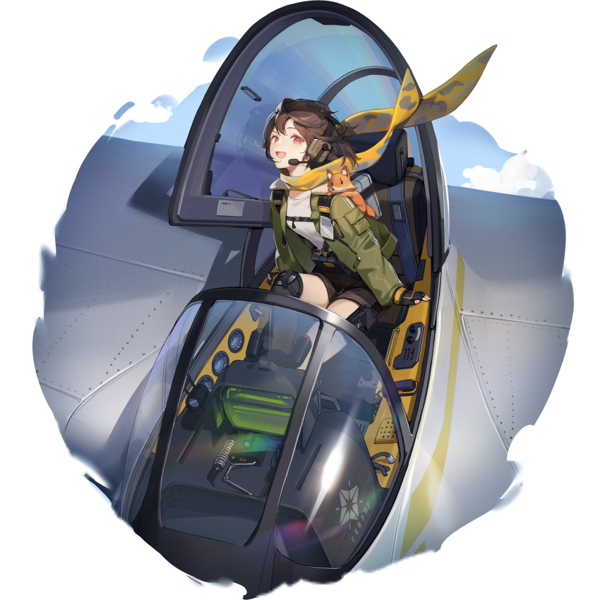 1girl, :d, aircraft, airplane, animal_on_shoulder, breasts, brown_hair, brown_shorts