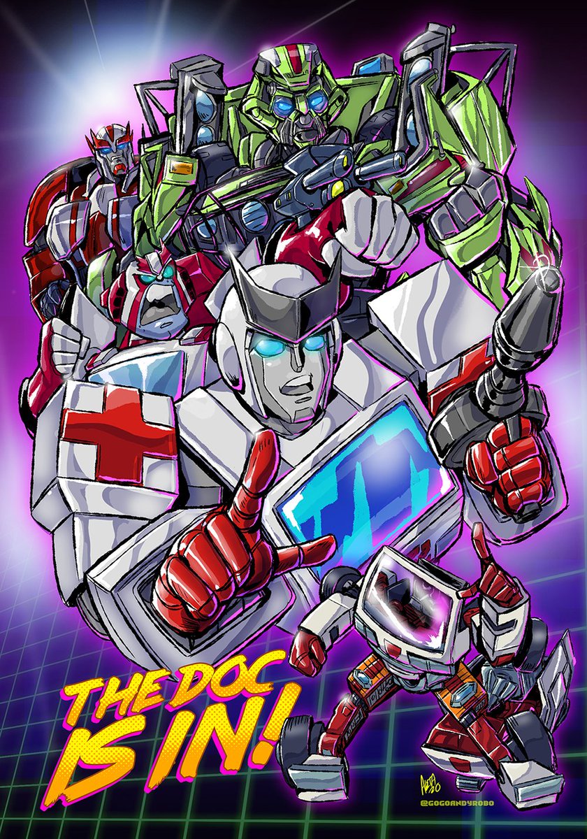 4boys, annoyed, autobot, blue_eyes, clenched_hand, hand_on_hip, highres, looking_to_the_side, mecha, multiple_boys, open_mouth, pointing, pointing_up, ratchet, rockmanzallz, science_fiction, transformers, transformers_(live_action), transformers_animated, transformers_prime, v-fin