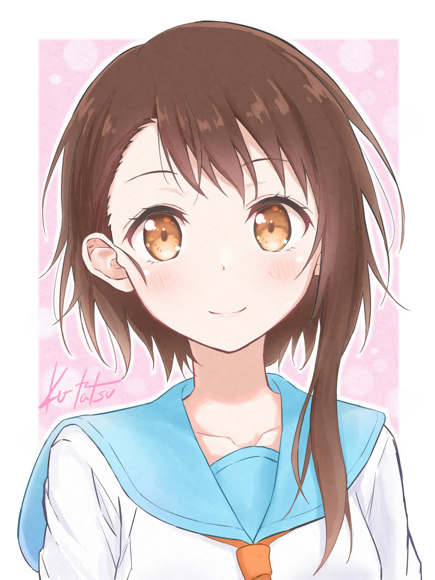 1girl, absurdres, artist_name, bangs, blue_sailor_collar, blush, border, brown_eyes