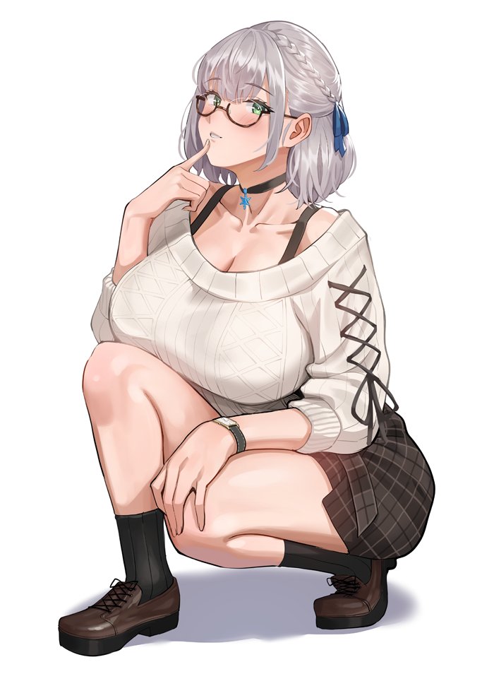 1girl, banned_artist, black_choker, black_legwear, black_tank_top, braid, breasts, brown_footwear
